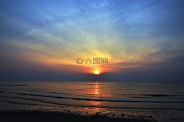 日出,海灘,海