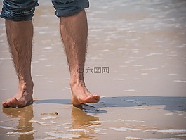 雙腿,海灘,海