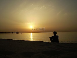 日落,海灘,剪影