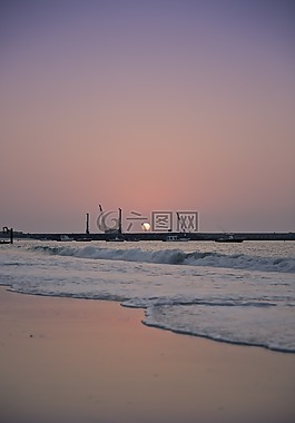 日落,海灘,起重機