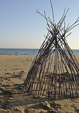 海灘,沙,小木屋