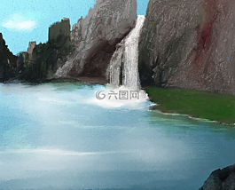瀑布,湖,繪
