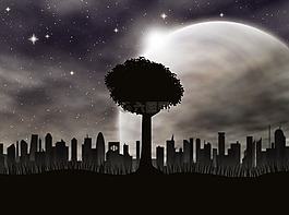 树,星空,城市