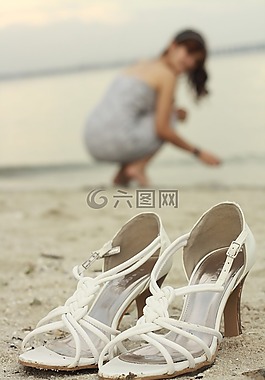 高跟鞋,海灘,女子
