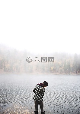 湖,女子,霧
