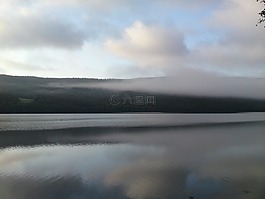 湖,日出,霧