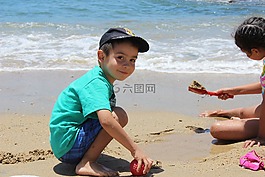 海灘,兒童,播放