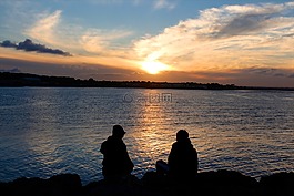 夫婦,日落,海