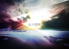 燈塔,海,云