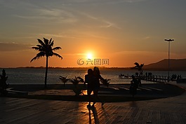 日落,溶膠,海灘