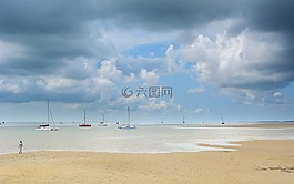 海灘,云,沙