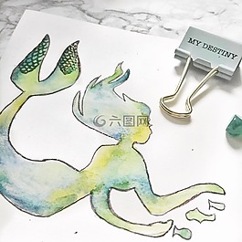 美人魚,水彩,漆