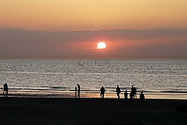 海,日落,海灘