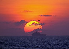 军事船舶,日落,海