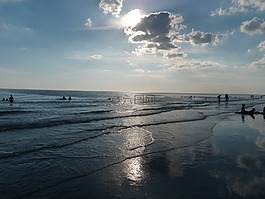 海灘,日落,云