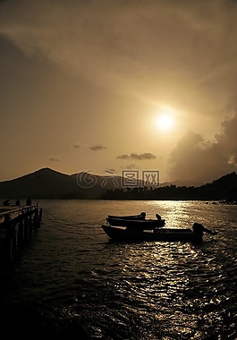 海,日落,海灘