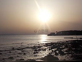 日落,海,巖