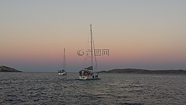 日落,海,船