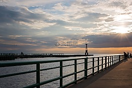 碼頭,日落,湖