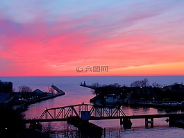 密歇根湖,日落,天空