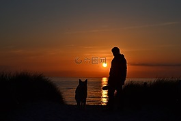 日落,海,海灘