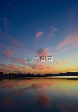 日落,湖,云