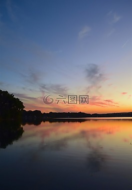 日落,湖,云