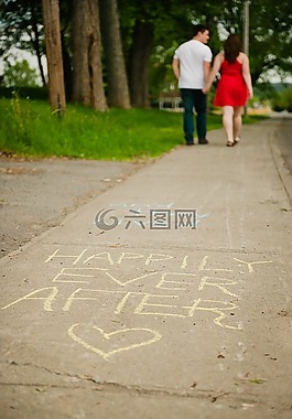 粉筆,人行道,夫婦