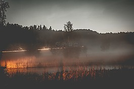 日落,湖,树
