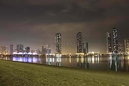 天際線,城市,湖