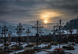公墓,日落,雪
