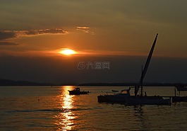 海,日落,帆船