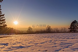日落,雪,冬天