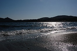 海灘,晚上,背光