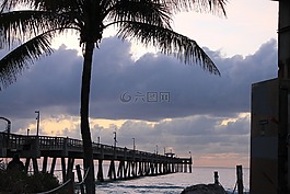 碼頭,海灘,日出