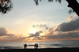日出,海灘,假期