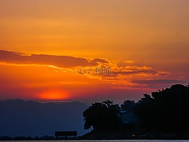 日落,背后,小山