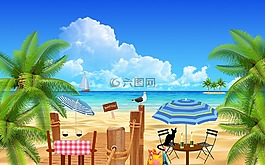 海灘,咖啡,表
