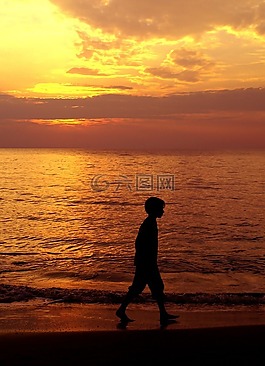 日落,海,海灘