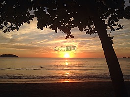 日落,海灘,海洋