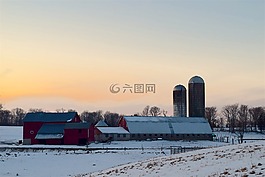 雪,農(nóng)場,日落