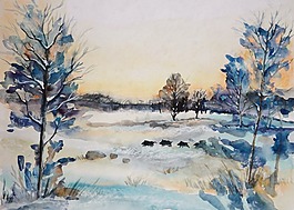 水彩畫,冬天,雪