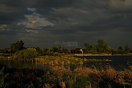 晚上,湖,房子