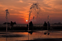 噴泉,日落,黃昏