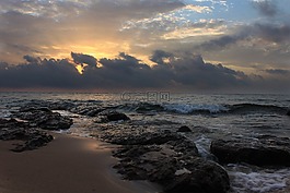 海灘,日落,海洋