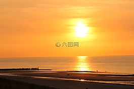海,日落,海灘