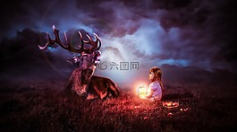夜,天空,鹿