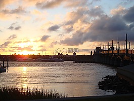 日落,橋,湖