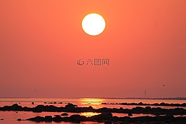 海灘,日落,太陽