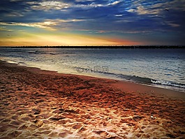 海,海灘,日落